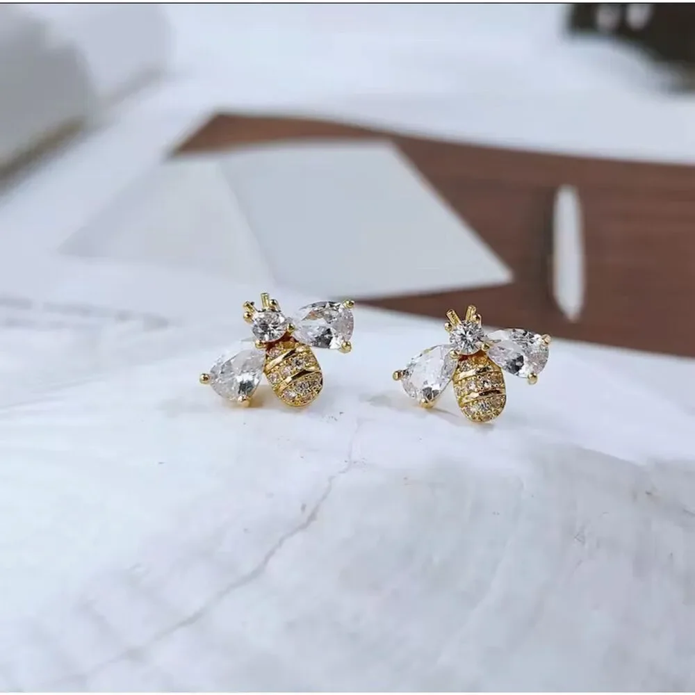 Gold-Tone Bee Stud Earrings Cubic Zirconia Chic Party Gift Birthday